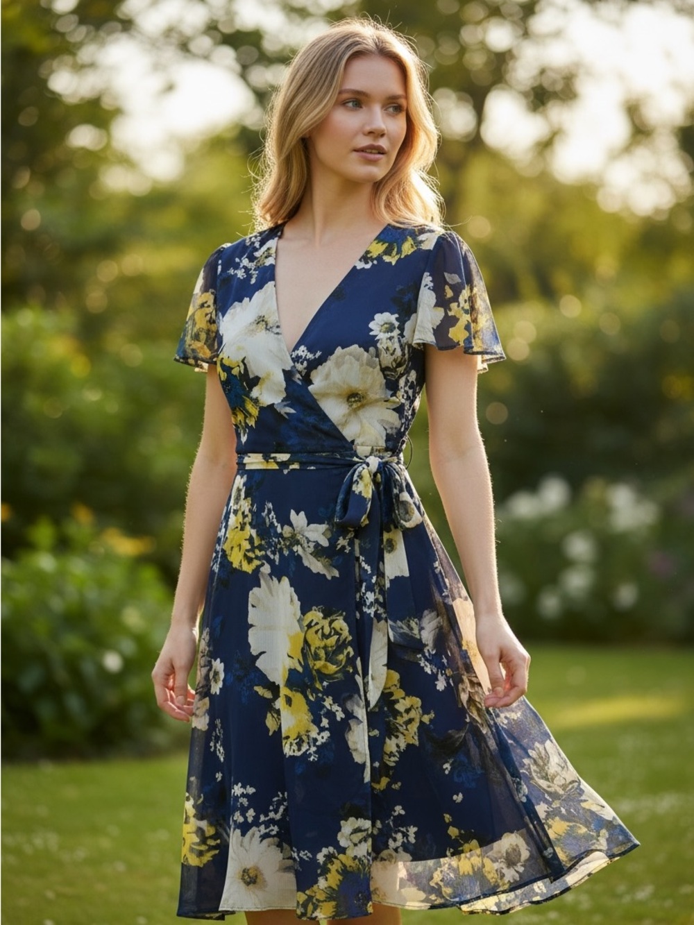DKNY Navy Floral Wrap midi dress 12 BOHO cottagecore coquette old money Y2K